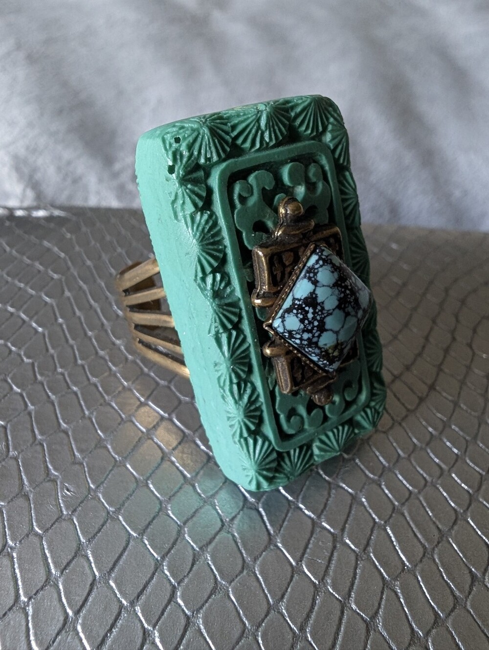 Jan Michaels San Francisco Brass Turquoise Stone Boho Gypsy Adjustable Ring